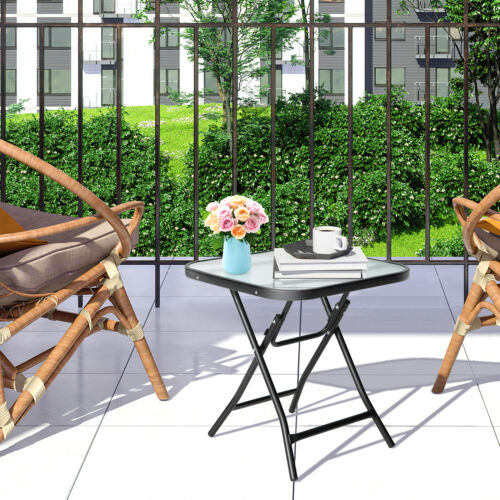 18" Foldable Square Patio Glass Side Table Portable Small End Table Metal Frame - Picture 3 of 11