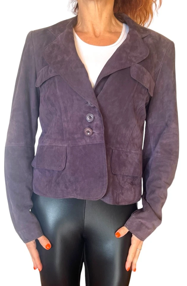 CHAQUETA BLAZER VINTAGE ST. JOHN GAMUZA PÚRPURA CROP 3 BOTONES FORRADA SEDA MED 8/10 Foto 3 de 4