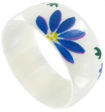 Blue White Painted Plastic Flower Bangle Bracelet - Womens Standard Size
