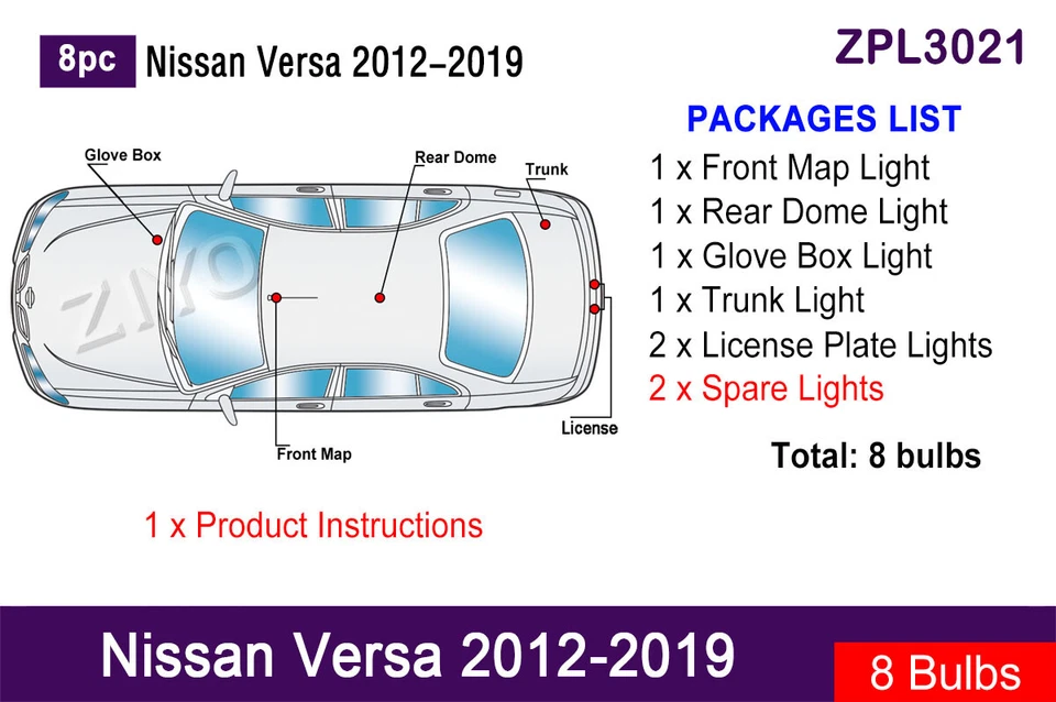 8pcs LED Interior Light Upgrade for Nissan Versa 2012-2019 White Light Bulbs Kit - Imagem 2 de 4