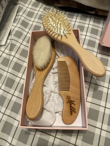 3 Piece Baby Hair Brush and Comb Set for Newborn & Toddlers- Engraved “Maddie”