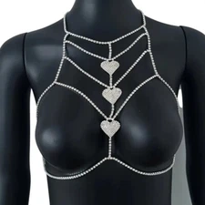 Silver Sexy Rhinestone Heart Body Chain Bra Harness Festival Jewelry Lingerie
