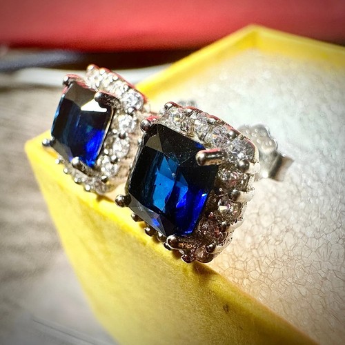 Blue Sapphire Earrings Sterling Silver 925 Stud Earrings for Women lab-created - Picture 2 of 9