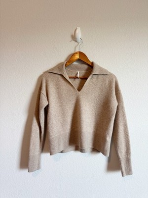 Free People Eloura Brown Tan Cashmere Henley Polo Sweater Size Small