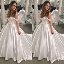 Classic Wedding Dresses Off The Shoulder Satin Ruched Sweep Train Bridal Gowns