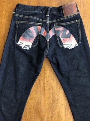 Evisu Lot 2010 Hand Brushed Daicock Print Slim Fit Denim Dark Jeans size 32 X 34