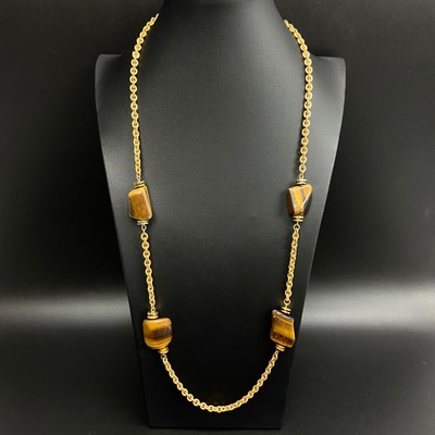 Vintage Miriam Haskell Tiger's Eye Chain Necklace 30'' Gold Tone