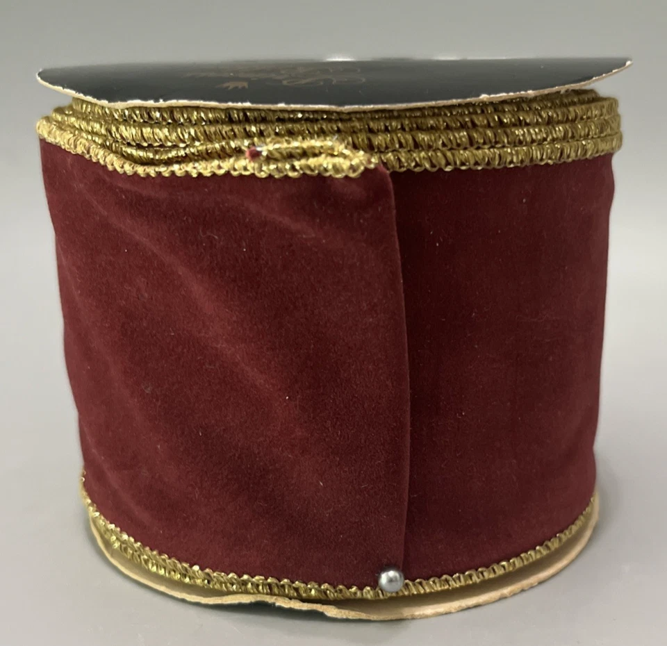Burgundy Red & Gold Velvet Wired Edge Holiday Christmas Ribbon 2.5"x30 ft - Image 2 of 4