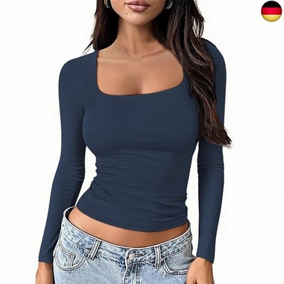 Langarmshirt Damen U-Ausschnitt Basic Oberteile Y2K Slim Fit Tshirt Crop Tops
