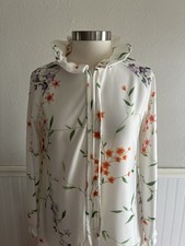 Vintage 60s 70s House Coat Robe Ruffle Neck White Orange Purple Floral Medium