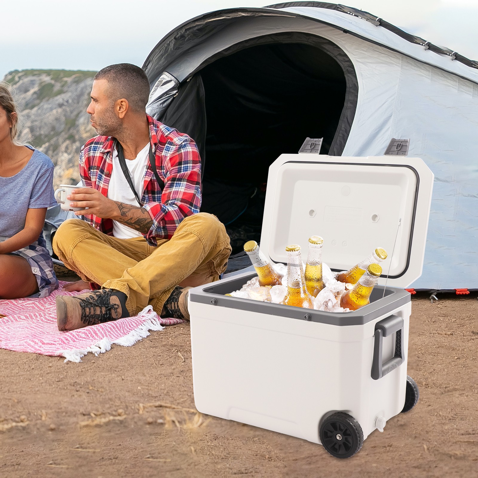 Hard Cooler Camping Ice Chest 47Qt Insulated Portable Cooler W/ Pull Rod & Wheel