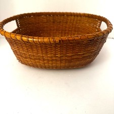 Vtg Rattan Wicker  Wood Basket Bowl 12" Oval Bamboo Centerpiece w/ Handles