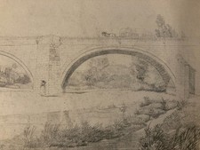 Very beautiful drawing 19th century 1850 pencil landscape old bridge horse carriage horses