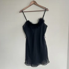 Fantasies by Morgan Taylor Black Sheer Feather Trim Lingerie Dress Size M