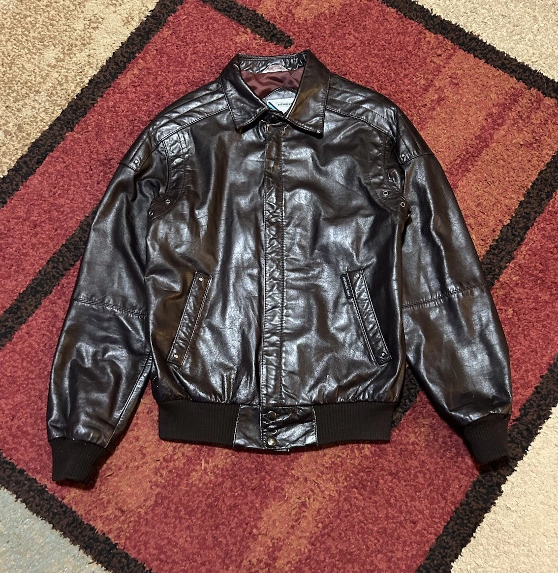 Vintage 1980s Members Only Satin Lined Dark Brown Leather Bomber Jacket Size 36 - product detail image 1