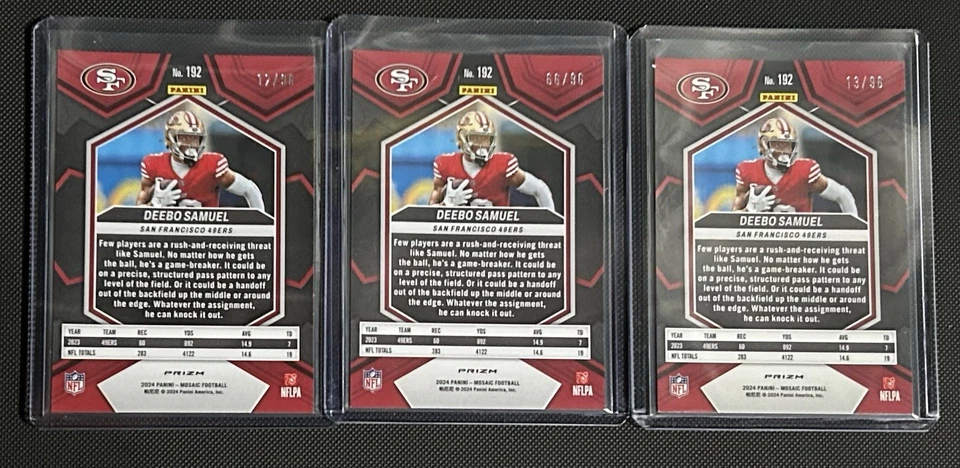 2024 Panini Mosaic Deebo Samuel #192 3 Card Lot Red & Blue Sparkle - Image 2 of 2