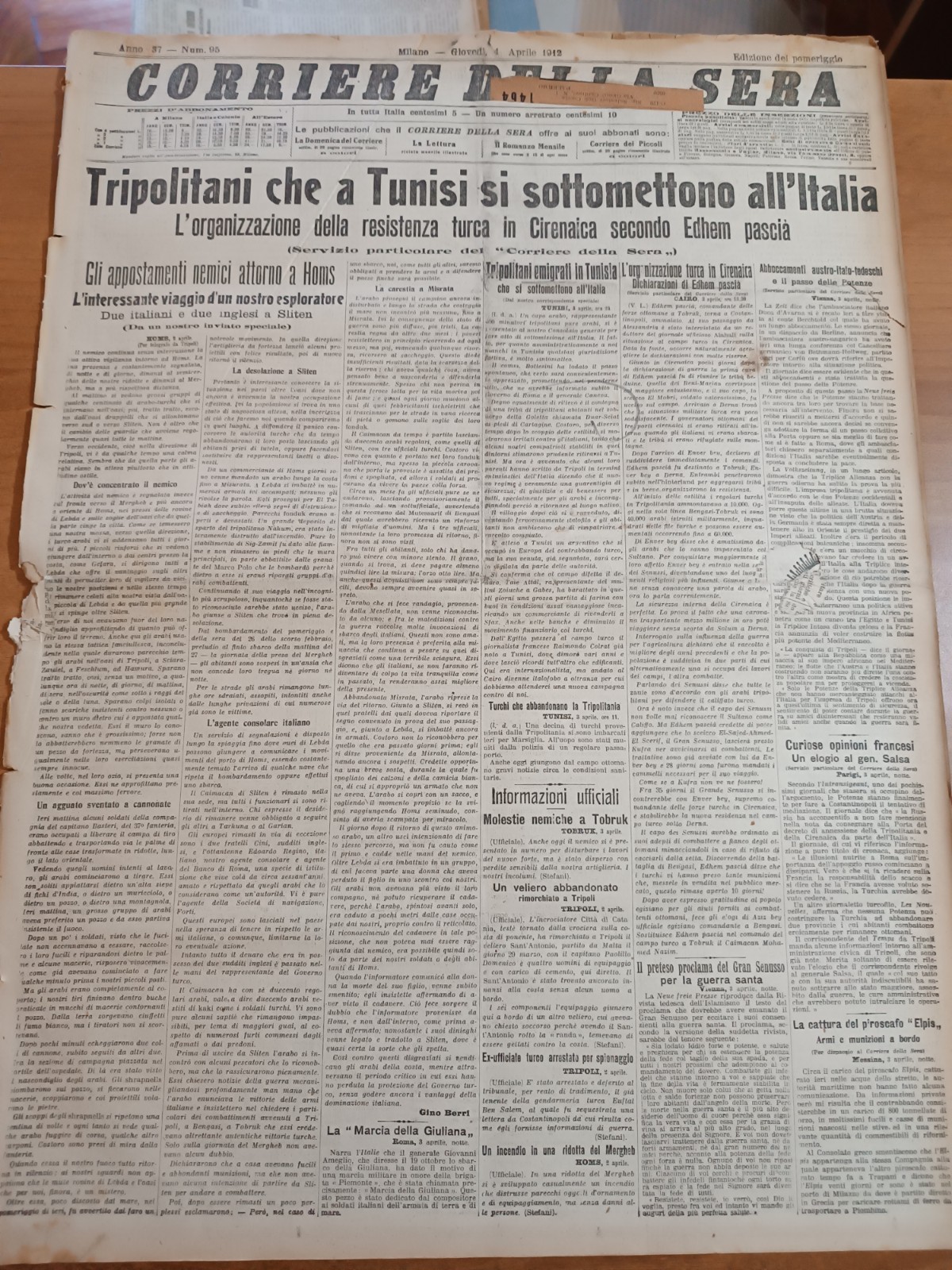 CORRIERE della SERA 4/4/1912 Tripolitani che a Tunisi si sottomettono all'Italia