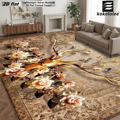 1pc 2D Flat KOKOLOLEE Luxury Velvet Area Carpet -2D Flat Golden Deer Floral Bir
