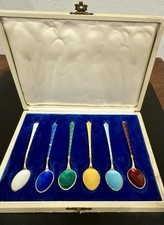 Six (6) Elo Denmark Sterling Silver Gilt Guilloche Enamel Demitasse Spoons