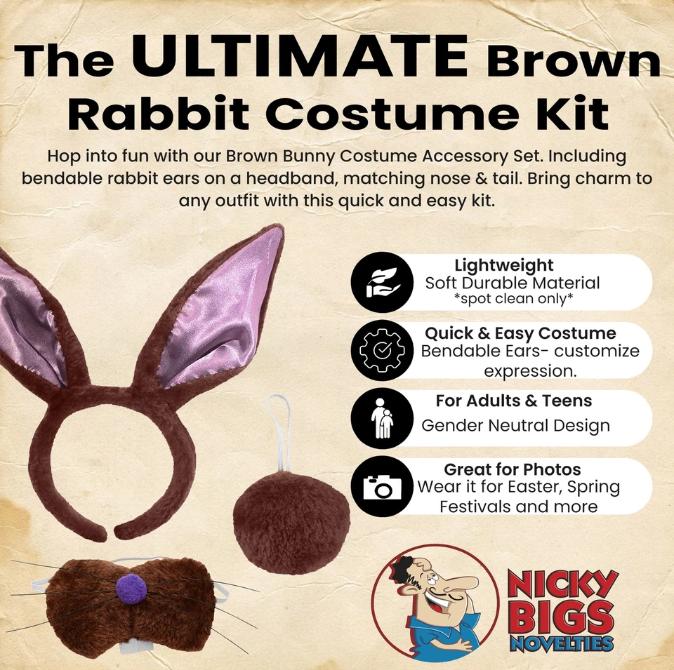 Conjunto de diadema de cola de nariz con orejas de conejo marrón para adultos Kit de disfraz de animal de conejo de Pascua Foto 2 de 4