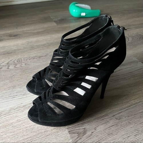 Miu Miu Black Suede Strappy Peep Toe Stiletto Heels Zip Back Size 10 (EU 41) - Picture 2 of 10