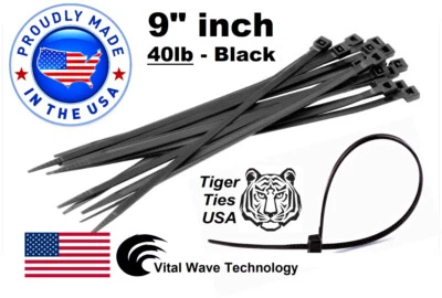 TIGER TIES USA 100 Black 9" inch Wire Cable Zip Ties Nylon Tie Wraps 40lb USA Made Tiger Ties