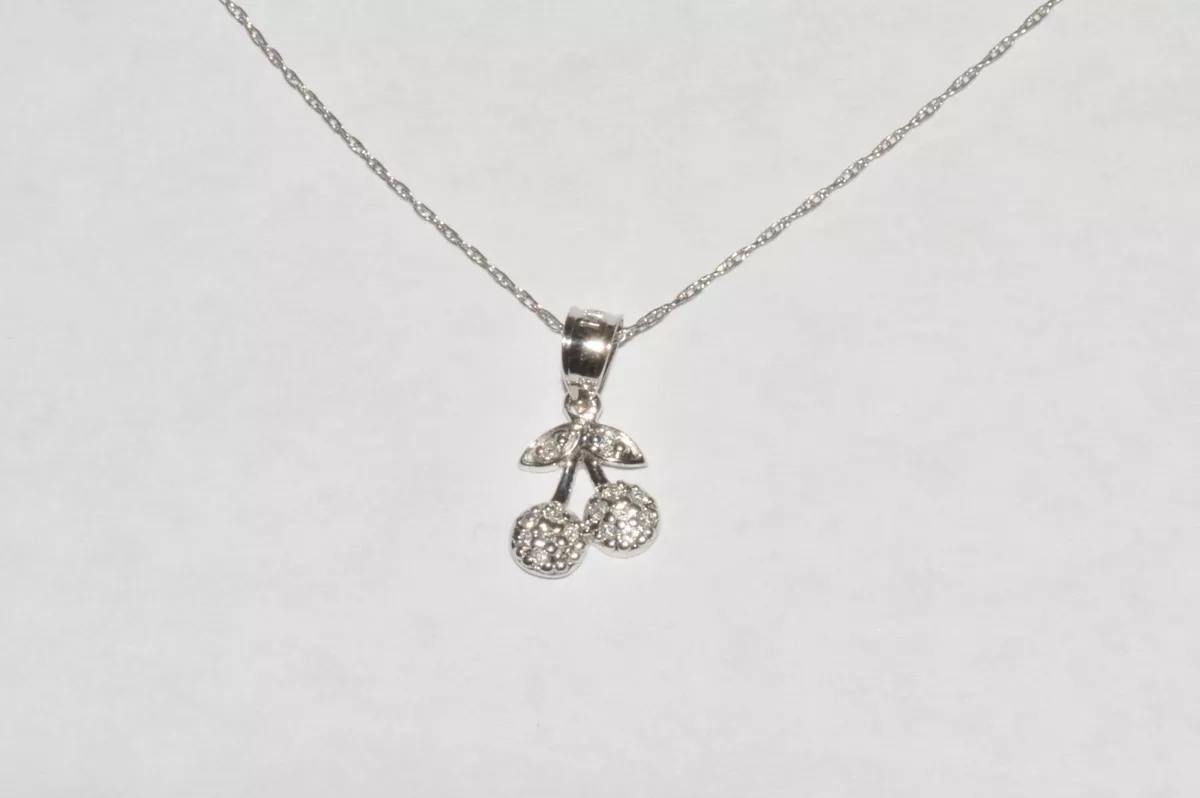 New 14K White Gold Diamond Cherry Pendant Necklace 18