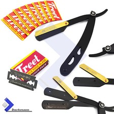 Navaja de afeitar de pelo de peluquero de borde recto negra cuchillo plegable con pestillo dorado + 10 hojas