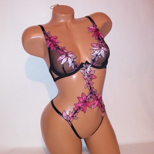Victoria Secret Lingerie Teddy One Piece Bodysuit Black Pink Applique Floral New - Picture 2 of 10