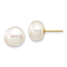 14k Yellow Gold 9-10mm White Button Cultured Pearl Stud Earrings 0.1gm