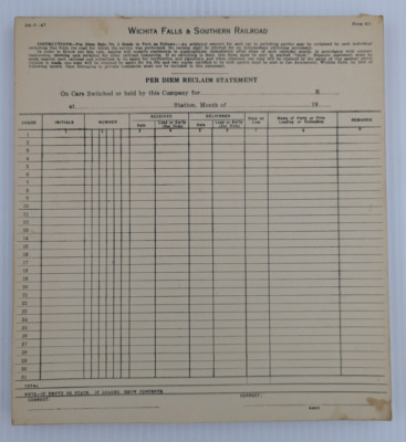 Wichita Falls & Southern Railroad Per Diem Reclaim Statement Sheets Pages