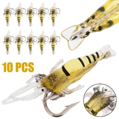10 Leurres Souples Crevette – Simulation Pêche – Monture Hameçon – Bass Fishing