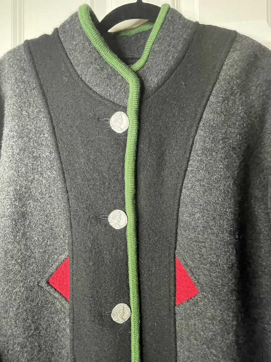 NEW Geiger Austria Boiled Wool Car Coat Sz L XL 46 Red Green Trim