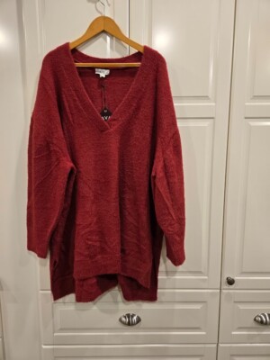 Ava & Viv Women's Fuzzy V-Neck Tunic Pullover Sweater - Burgundy - 3X NEW
