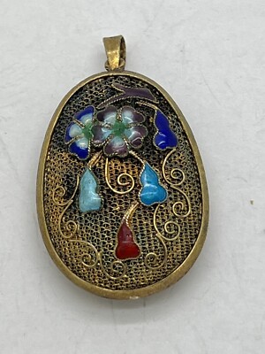Chinese Export Vintage Silver Multi Color Enamel Flower Pendant 1.5''