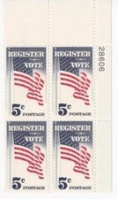 STAMP US SCOTT 1249 "Register Vote" 5 CENT 1964 MNH PB OF 4 UR - C