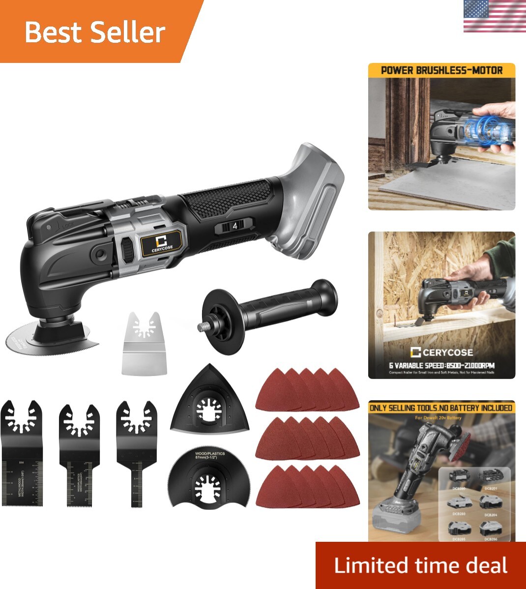 Cordless 20V Brushless Oscillating Multi-Tool Compatible with Dewalt Battery