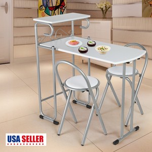 Folding 3 Piece Dining Table Set 2 Chairs White Mdf Metal Kitchen