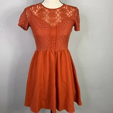Divided Fit & Flare Lace Mini Dress Women 4 Orange Short Sleeve Full Zip Back