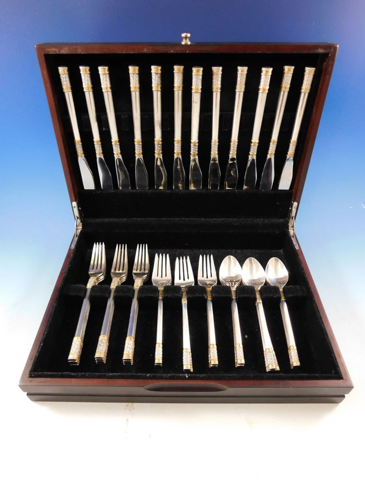 Aegean Weave Gold by Wallace Sterling Silver Flatware Set 12 Service 48 pieces  - Image 2 of 4