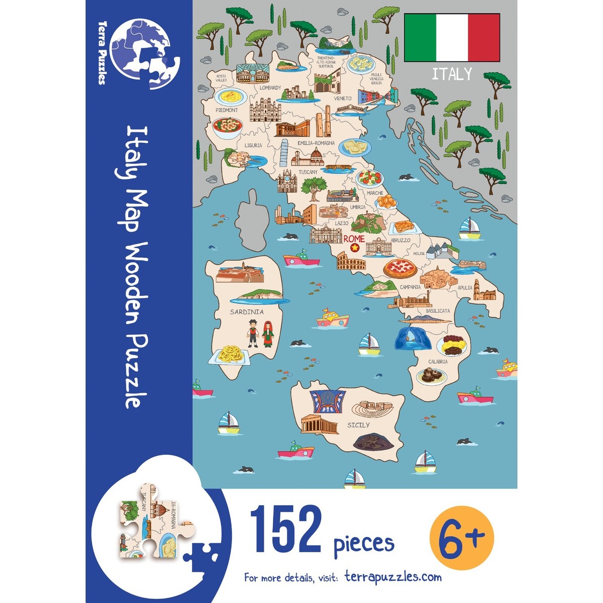 Italy Illustrated Map Wooden Jigsaw Puzzle for Children and Adults