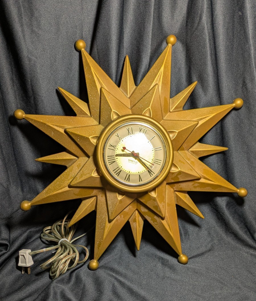 Vintage MCM Spartus Atomic Starburst Electric Gold Wall Clock 17" WORKS GREAT