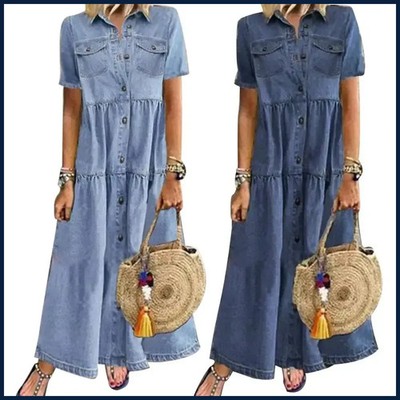 Retro Women Dresses 2022 Short Sleeve Turn Down Collar Pockets Button Long Loose