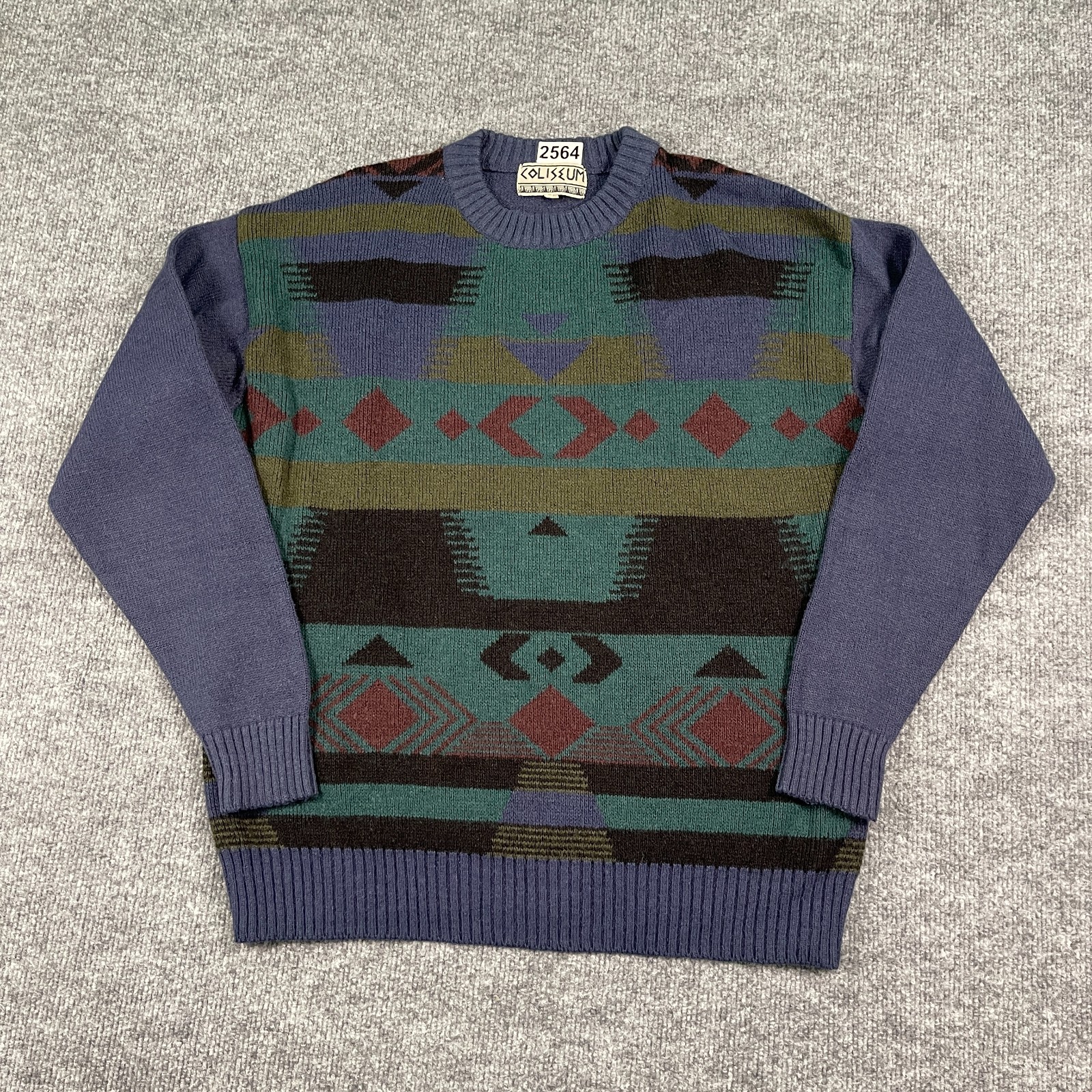 Vintage 90s Coliseum Geometric Aztec Knit Sweater Medium 21x24 Navy Blue