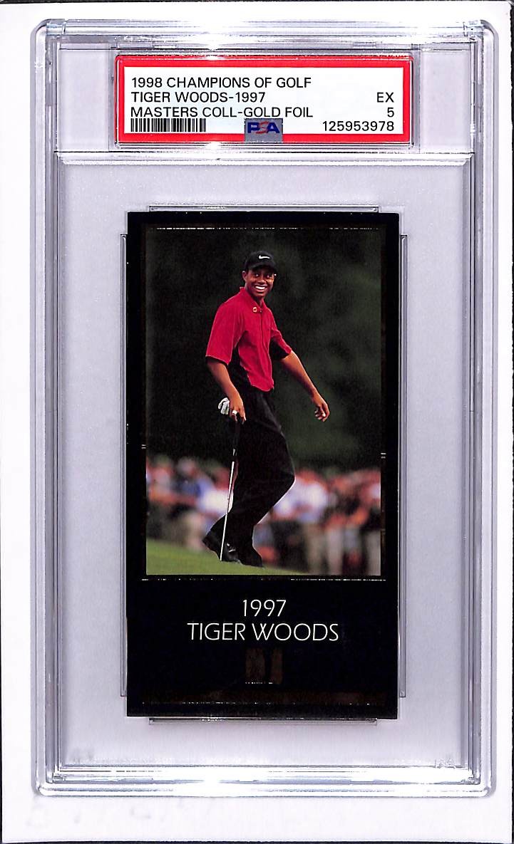 1998 Champions of Golf Tiger Woods Gold Foil 1997 Master Collection RC PSA 5 view 1