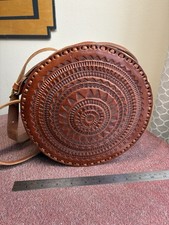 Women s Small Round Brown Geometric Tooled Cr...