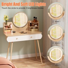Wooden Vanity Dressing Table Set With LED Mirror 2 Drawers Makeup Desk Bedroom