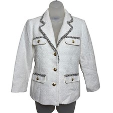 Talbots Petite Cream Fringe Trim Gold Crest Buttons Tweed Blazer Jacket Women 6P