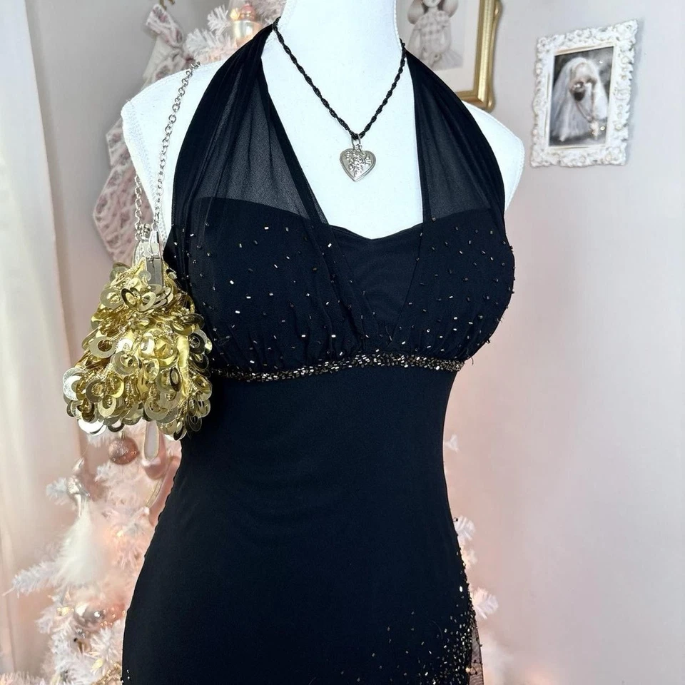 Vestido halter vintage años 2000 xscape negro y dorado con cuentas 100% seda Foto 4 de 4