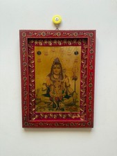 Cornice In Legno Dipinta Con L'immagine Di Shiva E Ganesha Vintage - 12x16"